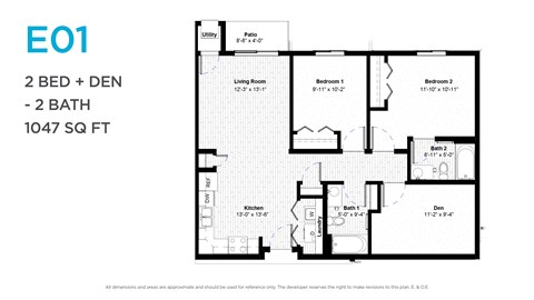 Floor plan for 2 beds, 2 baths, 1047 sqft